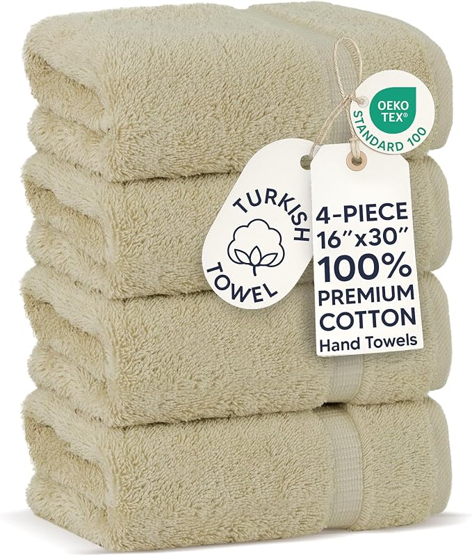 Chakir Turkish Linens 4 Piece Hand Towels, 100% Cotton Turkish Towels for Bathroom, Luxury Soft Absorbent Hand Towel Set, 16 x 30 Inches, Beige