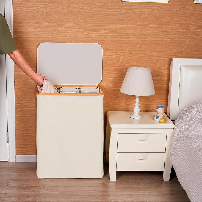 efluky Laundry Hamper with Lid, Trio Laundry Basket with 2 Removable Bags, 3 Section Laundry Bin with Bamboo Handles for Bathroom, Bedroom & Laundry Room, 160L (42.3 Gallon) Beige