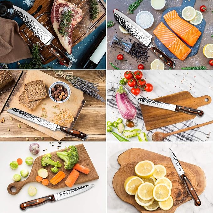 Kitchen Knife Set,15-Piece Knife Set With Block Wooden,Self Sharpening For Chef Knife Set,High Carbon Japan Stainless Steel Hammered Collection Knife Block Set with Steak Knives, Boxed Knife Set | Hammered Collection, High Carbon Japan Stainless Steel,...