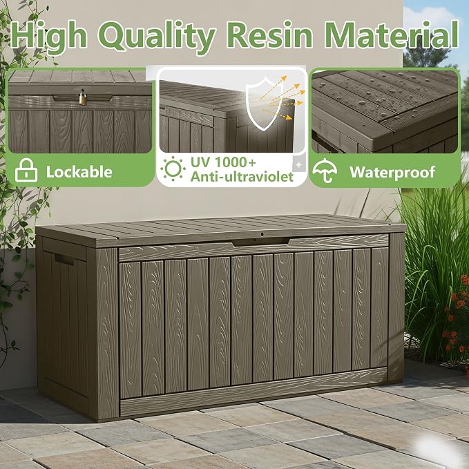 97 Gallon Waterproof Large Resin Deck Box, Lockable Large Outdoor Storage Box Indoor Outdoor Storage Container for Patio Cushions, Gardening Tools, Pool Supplies, Grey