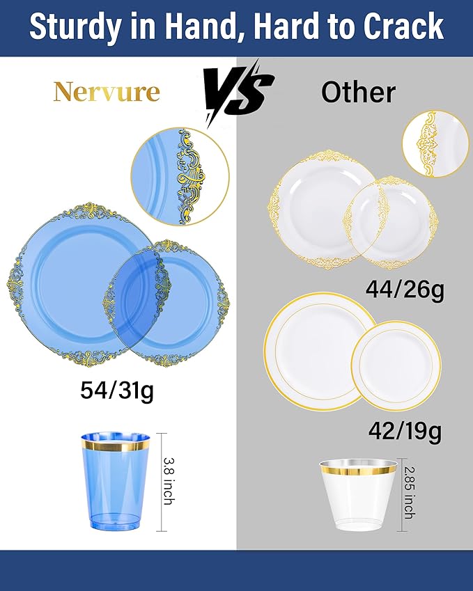 Nervure 350PCS Blue Plastic Plates - Blue Plastic Dinnerware Sets for 50 Guests - 100 Disposable Plates, 150 Gold Silverware, 50 Cups, 50 Napkins for Wedding & Party