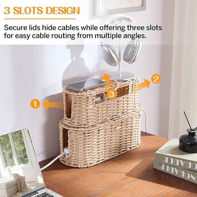 FairyHaus Cable Management Box 2Pack Cream, Handwoven Large and Small Cable Organizer Box Cover to Hide Cords and Power Strip, Imitation Wicker Cord Organizer Box Hider for Office Desk and Floor