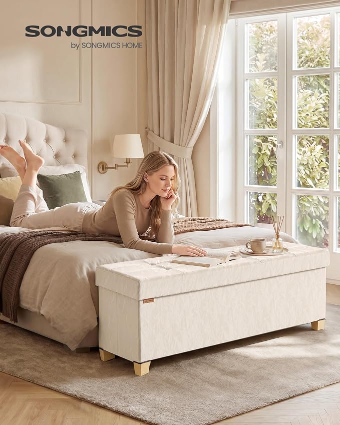 SONGMICS Storage Ottoman Bench, PU Leather Foldable Footrest with Padded Seat, 43.3 x 15 x 15.7 inches, Light Warm White, Sturdy Space Saving Chest for Bedroom, Minota Collection ULSF524WD01