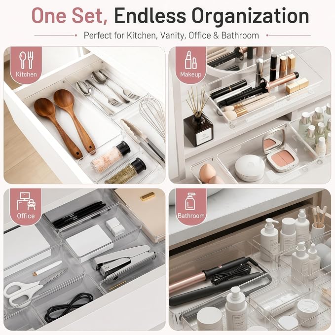 12 Pack Large Drawer Organizer Bins - Clear Plastic Bathroom Drawer Organizer Trays - Heavy Duty Kitchen Drawer Dividers for Utensils - Non-Slip Storage Bins for Makeup, Bedroom, Office Desk