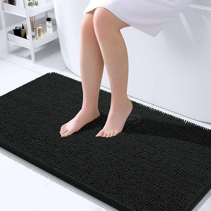 OLANLY Large Bathroom Rugs 45x27, Extra Soft Absorbent Chenille Bath Rugs, Rubber Backing Quick Dry, Machine Washable Bath Mats for Bathroom Floor, Tub and Shower, Home Decor Accessories, Black