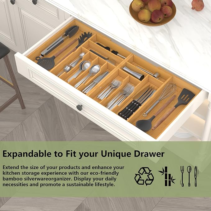 Suli Large Silverware Drawer Organizer, Adjustable Kitchen Flatware for Forks Knives and Spoons, Bamboo Cutlery Utensil Holder, Expandable from 22in-37in, Natural Bamboo