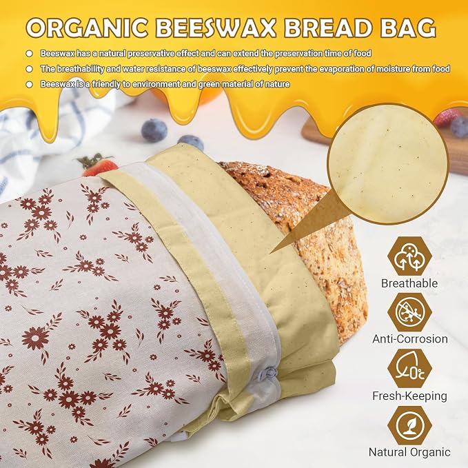 Large Linen Beeswax Bread Bags(2 Pack) Sourdough Bread Bags Reusable Double-Lock Freezer Baking Container Gift Giving for Homemade,Loaf,Sourdough,Food Storage (Vintage Daisy Sprig Pattern)