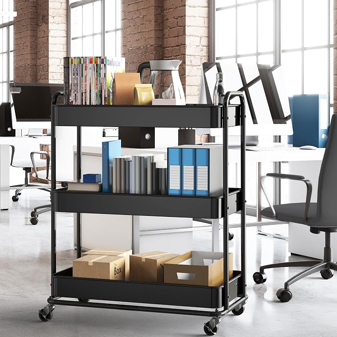Simple Houseware 26" Extra-Wide 3-Tier Heavy Duty Metal Utility Cart, Black | High-Capacity Rolling Cart Organizer for Spa, Salon, Office, and Home Storage