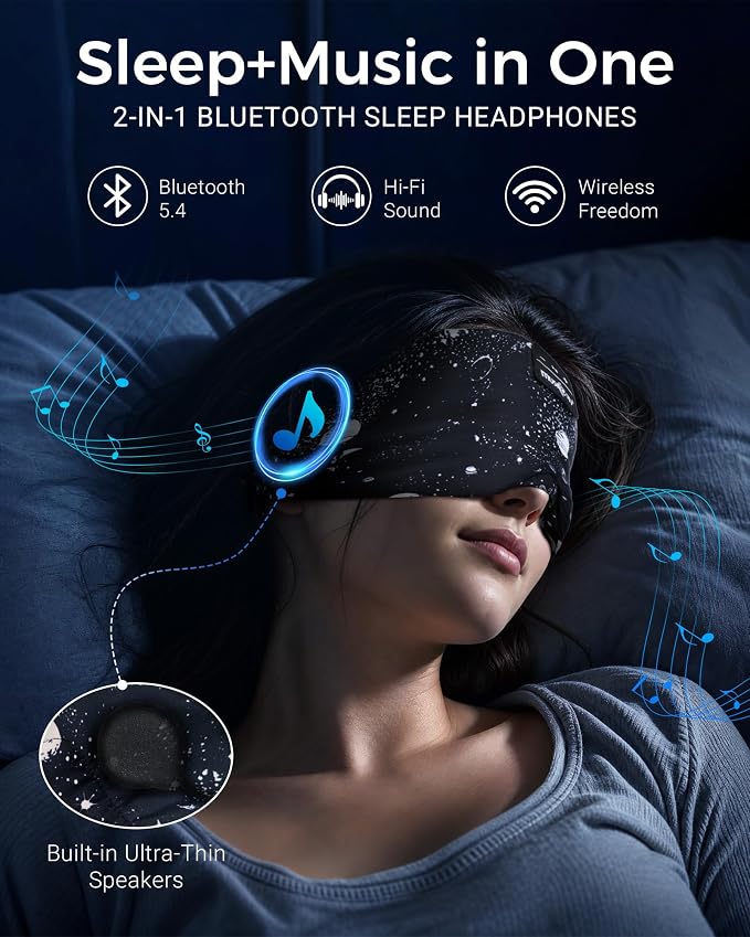 MUSICOZY Sleep Headphones Bluetooth Sleep with Headphones Eye Wireless Bluetooth 5.4 with Adjustable Headband Total Blackout for All Night Sleep, Travel & Nap
