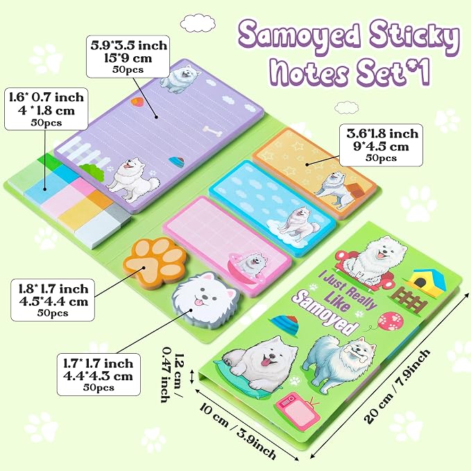 Xqumoi I Just Really Like Samoyed Sticky Notes Set, 550 Sheets, Cute Samoyed Self-Stick Notes Pads Animal Divider Tabs Bundle Writing Memo Pads Page Marker Back to School Office Supplies Small Gift