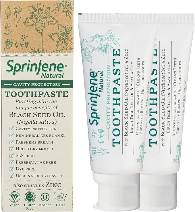 SprinJene Natural Fluoride Toothpaste – Natural Toothpaste for Gum Health & Cavity Protection – Patented Black Seed Oil & Zinc Formula for Healthy Teeth & Gums – Made in the USA (2 Pack)