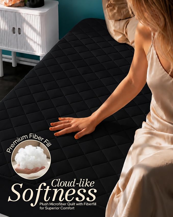 Quilted Fitted Mattress Pad, Queen Mattress Protector Topper with Deep Pocket Stretches up to 16 Inches, Machine Washable Mattress Cover by Utopia Bedding (Black)