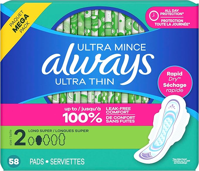 Always Ultra Thin Feminine Pads with Wings for Women, Size 2, Long Super Absorbency, Unscented, Up to 100% Leak-Free Protection, 58 Count