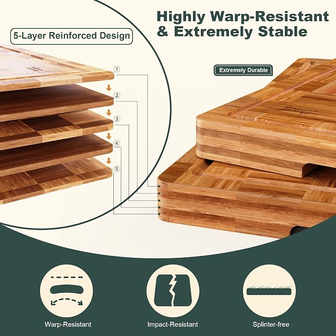 Extra Large Bamboo Cutting Boards, 2-Pack Heavy Duty Bamboo Cutting Boards Set with Juice Grooves & Non-Slip Feet – Extra Large Thick Wood Chopping Board for Meat, Fruits & More, Non-Toxic & Durable