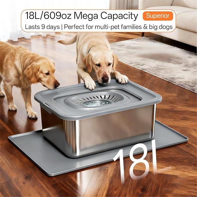 18L/4.75Gal Large Dog Water Bowl No Spill Stainless Steel | Pet Water Bowl for Messy Drinkers, Anti-Slip XXL Silicone Mat, Floating Disk & Dual Filtration