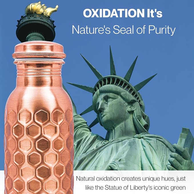 Copper Water Bottle 32 Oz Extra Large, Real Copper Drinking Bottle, Honeycomb Ayurvedic Bottle for Drinking Water, Leak Proof Vessel with Cleaning Brush, Home Office Use