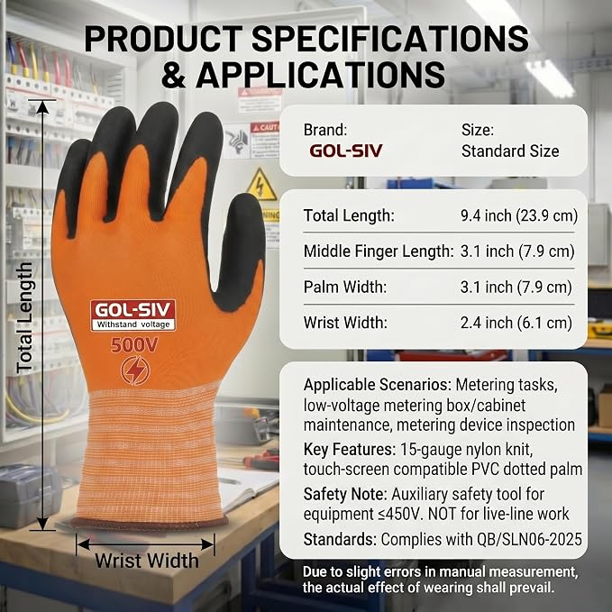 Electrical Insulated Gloves Touchscreen, 500V High Voltage Resistance Electrician Safety Gloves, Rubber Non Slip Work Gloves (500V|Nylon Insulated, Large)