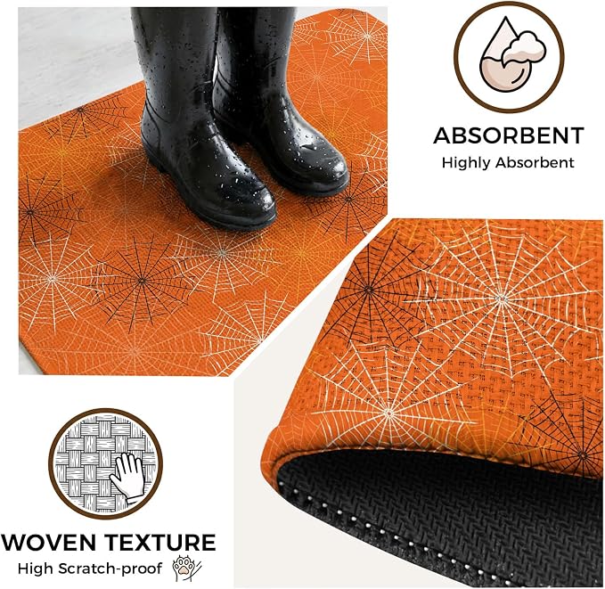 Orange Halloween Washable Area Rugs for Living Room Bedroom, Large Non Slip Indoor Floor Carpet Absorbent Low Pile Black White Net Halloween Door Mat Rugs for Bathroom Entryway 47.2"x63"