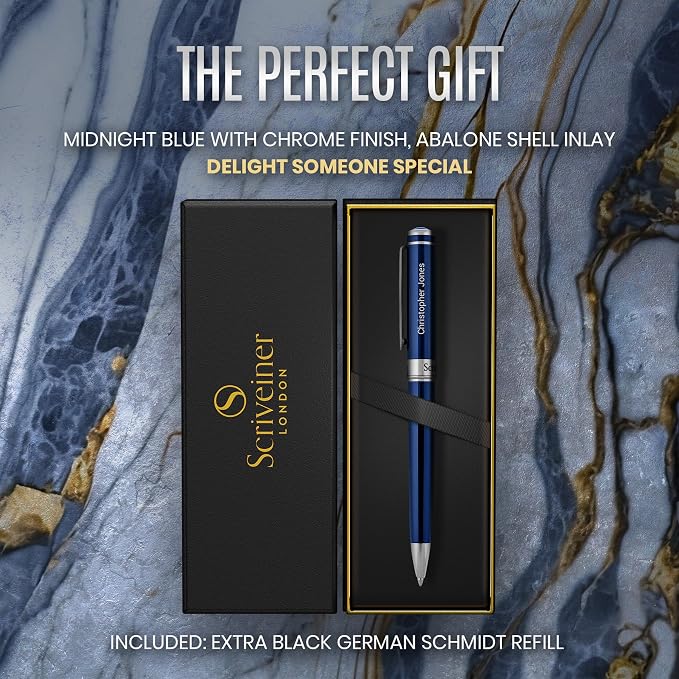Scriveiner Personalized Midnight Blue Ballpoint Pen - Stunning Blue Lacquer Luxury Pen, Chrome Finish, Schmidt Ink Refill, Best Engraved Ball Point Gift Set for Men & Women, Custom Name Engraving