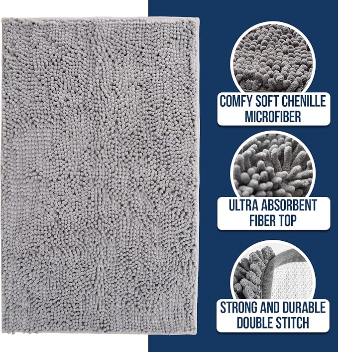 Muddy Mat® | Chenille Bathroom Rugs Quick Dry Microfiber Mats Non Slip Washable, Extra Thick, Soft and Highly Absorbent Bath Mats for Bathroom, Kitchen, and Shower Floor - Grey 24"x59"