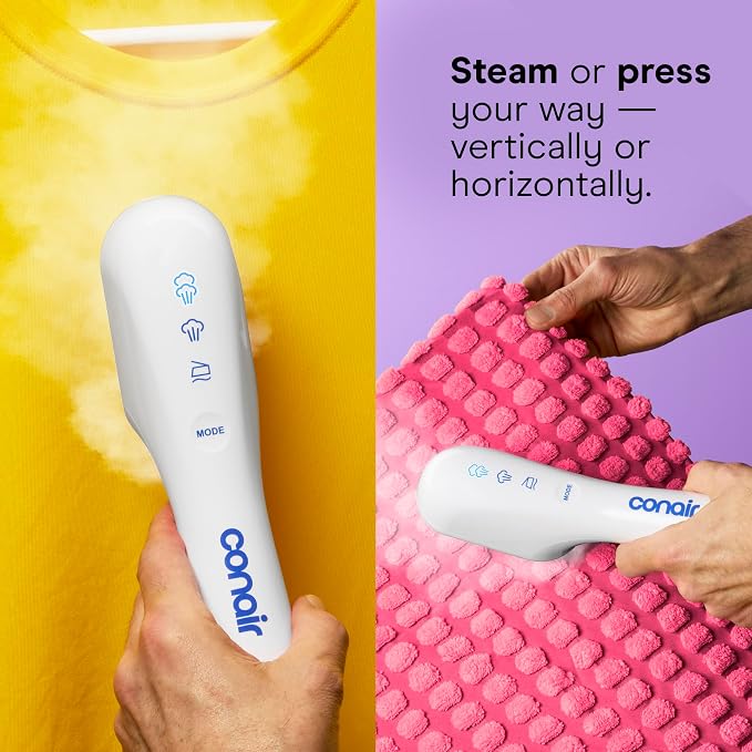 Conair 2-in-1 Steam & Iron Garment Wand, Portable Handheld Fabric Steamer with Ceramic Soleplate, 25-Second Heat-Up, 12-Minute Steam Time, White/Blue, GS47