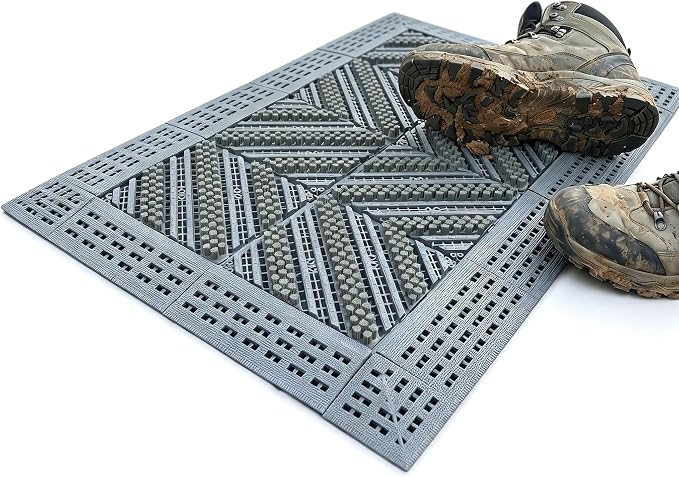 Outdoor Boot Scraper & Brush Mat, Grey, 29.5'' x 17.7'' | Easy Assembly, Waterproof, Non Slip, Mud Trapper, For Outside Entrance, Front Door, Garage, Yard