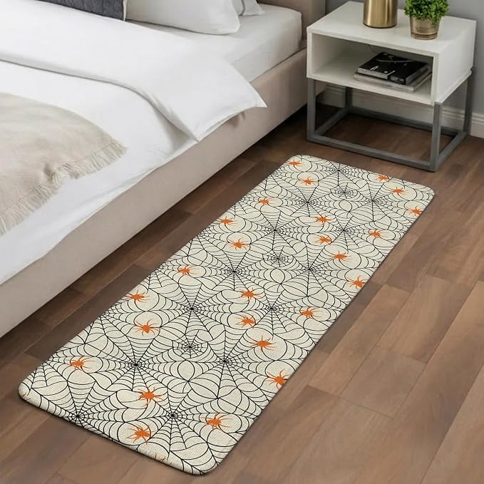 Halloween Bathroom Runner Rugs Non Slip Washable Absorbent Narrow Long Bath Mat Black Net Classic Spiders Gingham Orange Rustic Runner Rugs for Kitchen Hallway Bedroom Laundry Study Room 15.7"x47.2"
