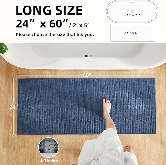 TYUU Bathroom Runner Rug, Long Bath Mat Washable Thin Quick Dry Low Pile Bathroom Runner Rugs 24 x 60 Non Slip, Navy Blue 24"x60"