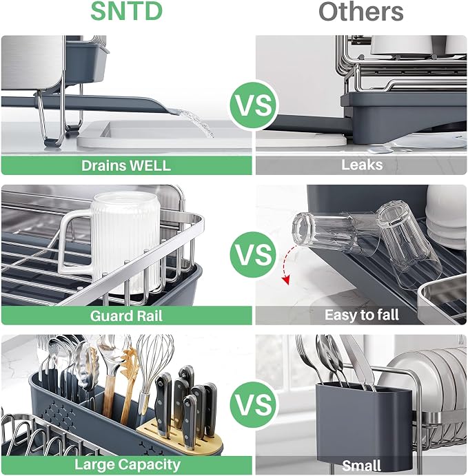 SNTD Dish Drying Rack - Large Dish Racks for Kitchen Counter, Expandable Dish Drainers with Cutlery Holder Stainless Steel Rustproof (Silver)
