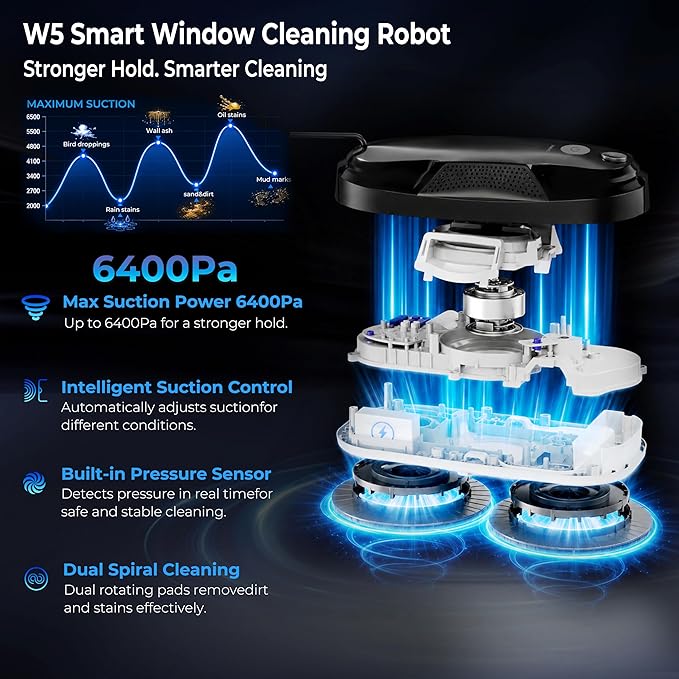 Tosima W5 Window Cleaning Robot, 6400Pa Max Adaptive Suction, Auto-Spray Smart Window Cleaner with Triple Safety System, Intelligent Navigation, Remote Control, for All Smooth Surfaces, Black