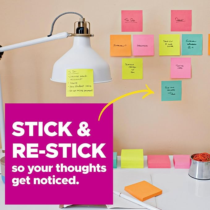 Post-it Super Sticky Notes, 4x6 in, 5 Pads/Pack, 90 Sheets/Pad & Super Sticky Notes, 3x3 in, 24 Pads/Pack, 70 Sheets/Pad, Amazon Exclusive Bright Color Collection