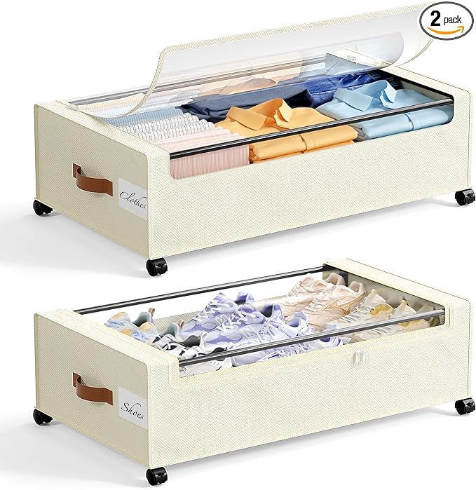 Yecaye 82L Under Bed Storage Containers, Fits 9.4" Under Bed, 2 Pack, Beige | XXL Capacity, 360° Rolling Wheels, Sturdy Metal Frame, Clear Window & Label, Storage Bins for Clothes, Shoes, Blankets