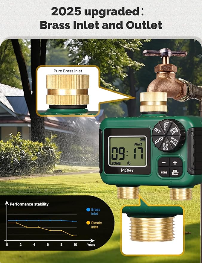 MOES 2 Outlet Sprinkler Timer, Brass Inlet & Outlet, Programmable Automatic Irrigation Controller, Rain Delay, Manual Watering, 2 Zone Water Hose Timer for Gardens, Lawns, and Hose Systems