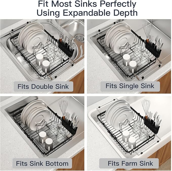 Dish Drying Rack Over The Sink with Utensil Holder | Expandable Stainless Steel Dish Drainer for Small Kitchen, Apartment, RV, Counter Space Saving, Perfect Fit, Rustproof