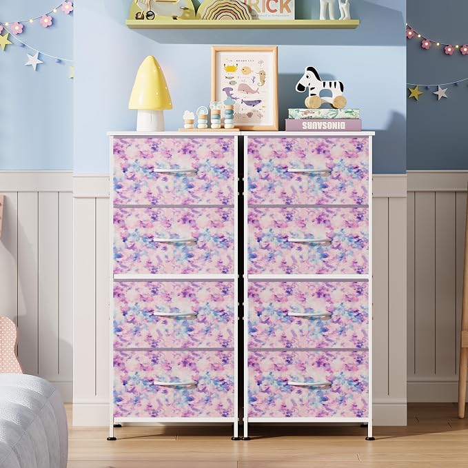 WLIVE Small Dresser Nightstand for Bedroom, 4 Drawers, Tie-Dye | 4 vertical fabric drawers, Space-saving tower, Bedroom or closet use, Chest of drawers, Dresser for small spaces