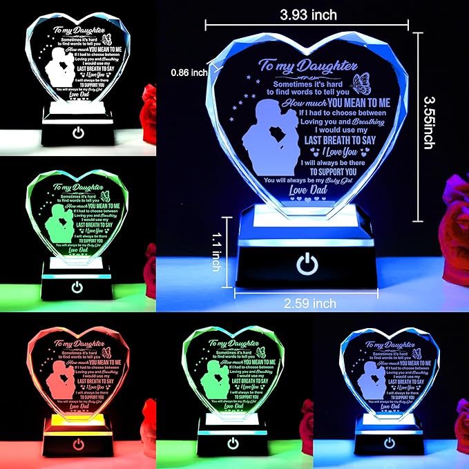 ZHSHWAT Daughter Gifts, K9 Crystal Heart with Color-Changing Base - Lifetime Gift from Dad to Daughter, Birthday Graduation Present, Elegant Gift Box