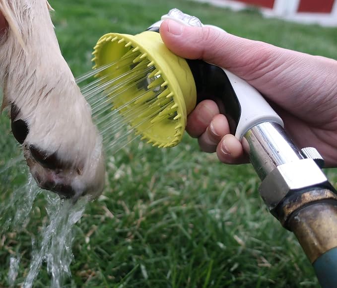 Wondurdog Outdoor Dog Wash Garden Hose Nozzle for Bath and Quick Paw Rinses. Splash Shield Handle and Rubber Grooming Brush. Metal Connection. Swivels on Hose with Water Pressure Control.