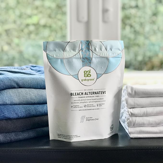 Grab Green Bleach Alternative Pods, 132 Count, Fragrance Free | Chlorine Free; Plant & mineral based; Brightens whites; Removes stains; Neutralizes Odors; Zip Closure; No Harsh Chemicals