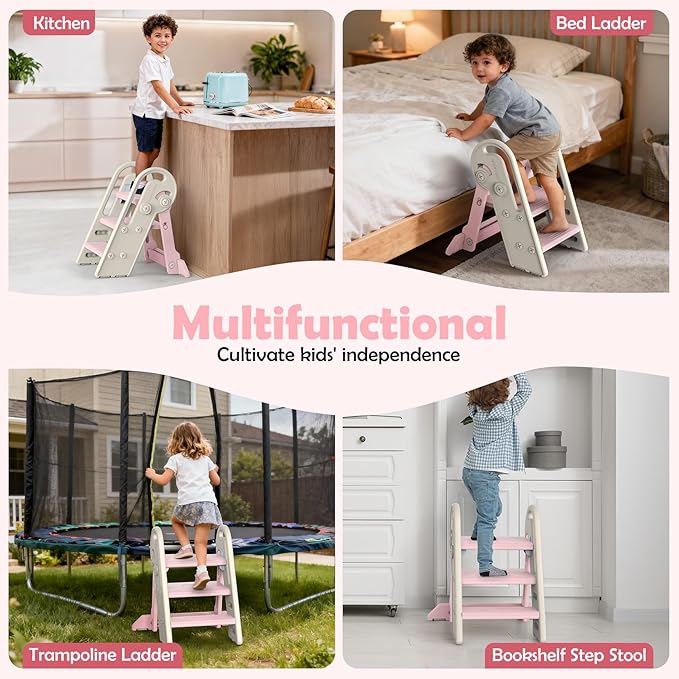 Onasti Foldable Step Stool for Kids & Toddlers, 3 Step Convertible to 2 Step with Handles, Training Stool for Bathroom Sink & Kitchen Counter, Non-Slip Stable Step Stool for Growing Children- Pink
