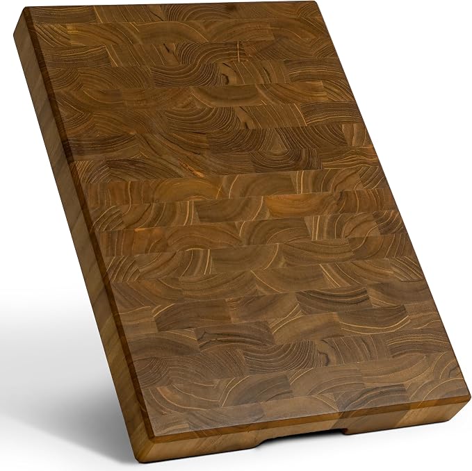 SHUMARU XL End Grain Old East Java Teak Cutting Board 20.5 x 14.2 x 2", Premium Thick Butcher Block, Knife-Friendly Chopping Block, No Juice Groove, Non-Slip Feet, Side Handles