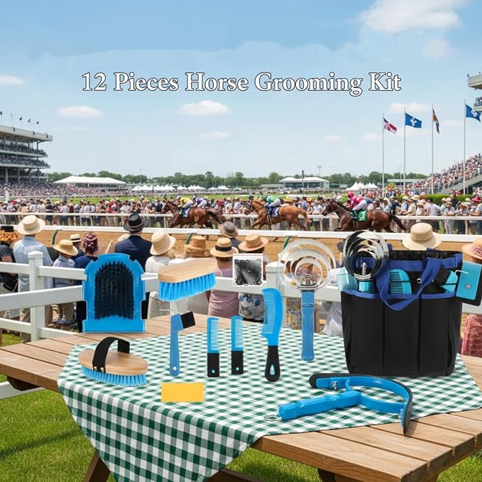 Abbylike 12 Piece Horse Grooming Kit with Organizer Tote Bag Brush Sets for Derby Day Show Horses Professional Tools for Care & Massage(Blue)