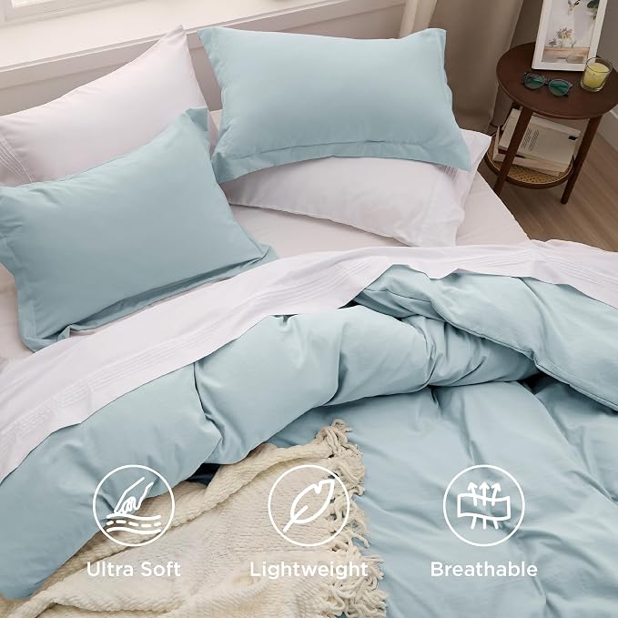Bedsure Baby Blue Duvet Cover Queen Size - 3 Pieces Prewashed Cotton-Like Polyester Extra Soft Bedding Set, Includes 1 Duvet Cover 90x90 Inches with Zipper Closure & 2 Pillow Shams, No Comforter