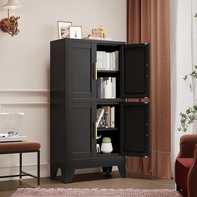 GAIOUS 47.25" Metal Storage Cabinet, Black Kitchen Food Cabinet with 4 Door | and 2 Adjustable Shelves, Freestanding Bathroom Cabinet, Pantry for Kitchen Dinning Room Bathroom, Cupboard, Food Storage
