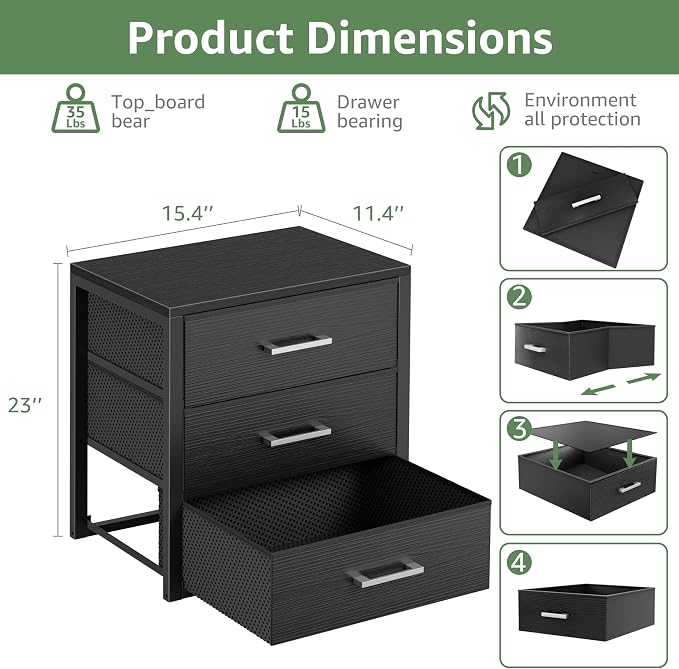 BOLUO Closet Drawers Black Fabric 3 Drawer Small Dresser for Closet Organizers and Storage Bedroom Dorm Modern