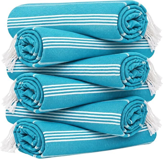 HAVLULAND Turkish Beach Towel Set of 6 Oversized 72x40 100% Turkish Cotton | Hammam Peshtemal, Sand Free, Quick-Dry, Absorbent Bath Towel | Lightweight & Compact for Travel, Pool, Gym, Spa - Turquoise