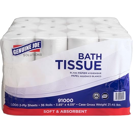 Genuine Joe Bath Tissue, 3.85" x 4.05", 2-Ply, 1000 Sheets/Roll, 36 Count