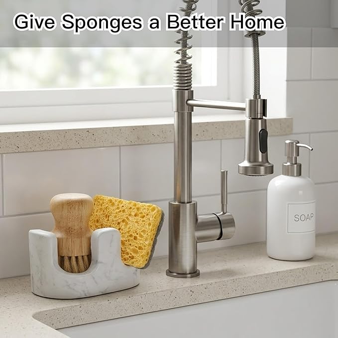 White Marble Sponge Holder for Kitchen Sink, 2-in-1 Sponge & Brush Holder with Raised Edge, 2 Slot Natural Stone Sink Caddy for Countertop, Keeps Countertops Dry, Non-Slip Base, Modern Kitchen Decor