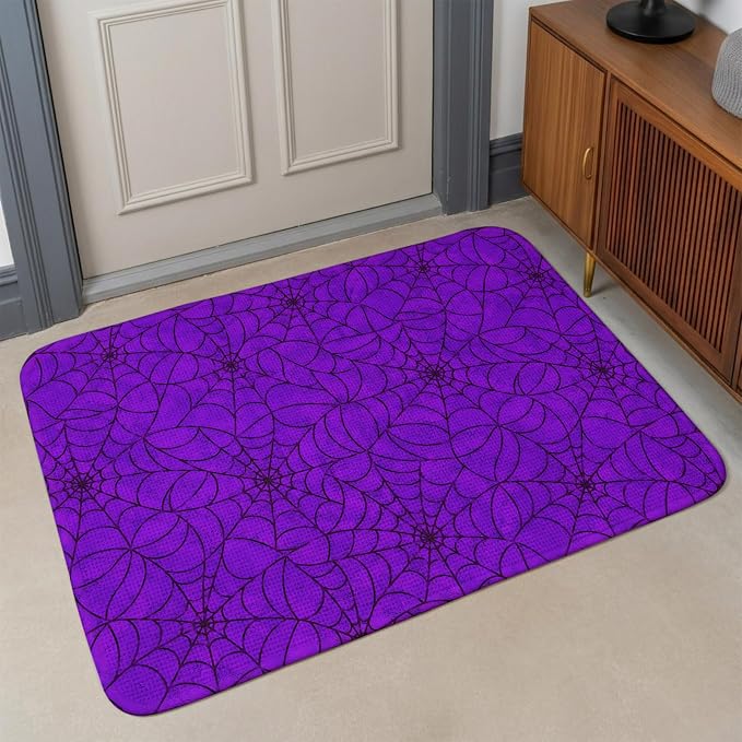 Entryway Rug Indoor Outdoor 31.5"x47.2", Purple Halloween Absorbent Non Slip Floor Mat, Black Spiders Net Classic Gingham Low-Profile Welcome Mats for Front Door Patio Mudroom Garage Entrance
