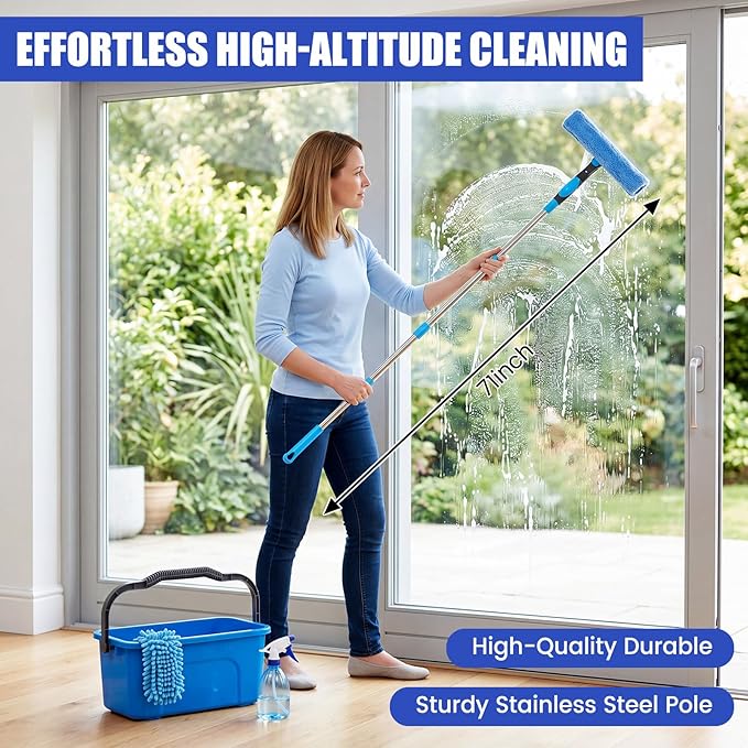Window Cleaning Kit with Bucket 71" Long Handle 4-in-1 Rotatable Window Squeegee and Microfiber Scrubber Pads High Windows Washing Tool for Commercial Home Outdoor Car