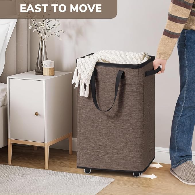 Goodpick Laundry Basket with Wheels, 75L Collapsible Laundry Baskets with Removable Wash Bag, Clothes Laundry Hamper on Wheels, Light Brown